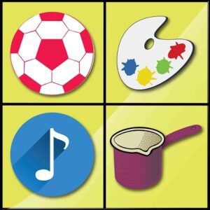A square with four images: soccer ball, artist palette, music note, and cooking pot