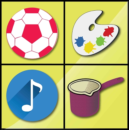 A square with four images: soccer ball, artist palette, music note, and cooking pot